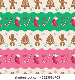 Christmas sweets pattern seamless colorful gingerbread in shape tree or man near candy canes and socks for gifts vector illustration