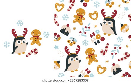 Christmas sweets and penguin with deer horns vector set print and seamless pattern. Gingerbread man, pudding and candies. Hand-drawn childish doodle illustration in simple Scandinavian style