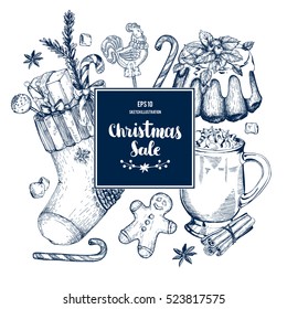 Christmas sweets sale card, hand drawing sketch illustration. Vector Collection of sketch decoration object 