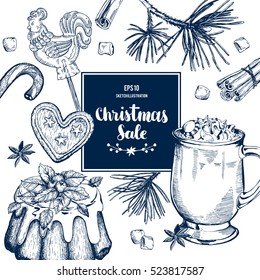 Christmas sweets sale card, hand drawing sketch illustration. Vector Collection of sketch decoration object 