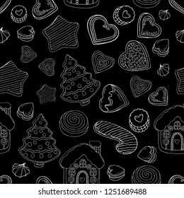 Christmas sweets seamless pattern.  Black and white vector background. Holidays food texture.
