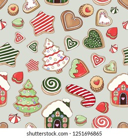 Christmas sweets seamless pattern. Colorful vector background. Holidays food texture.