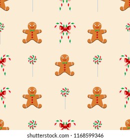 Christmas sweets seamless pattern cute gingerbread man, candy canes and lollipops. Good for greeting card, packing or background for New Year and Christmas. Vector illustration