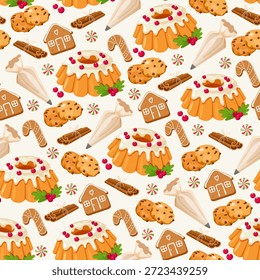 Weihnachtssüße nahtloses Muster mit festlichen Kuchen, Keksen, Lebkuchenhäusern, Bonbons, Zimtstangen und Rohrbeuteln auf hellem Hintergrund, gemütlicher Winterurlaub-Dessertdruck