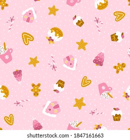Christmas sweets seamless pattern. Vector hand-drawn illustration of cupcakes, gingerbread cookies of different shapes and shapes, decorated for the holidays. Cute Pastel Palette.