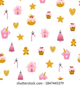 Christmas sweets seamless pattern. Vector hand-drawn illustration of cupcakes, gingerbread cookies of different shapes and shapes, decorated for the holidays. Cute Pastel Palette.