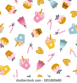 Christmas sweets seamless pattern. Vector hand-drawn illustration of cocoa cups, muffins, gingerbread cookies, decorated for the holidays. Cute Pastel Palette.