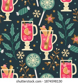 Christmas sweets seamless pattern with winter hot drinks, marshmallows, cookies and mulled wine. Autumn and winter holidays. Wallpaper, print, packaging, paper, textile design.