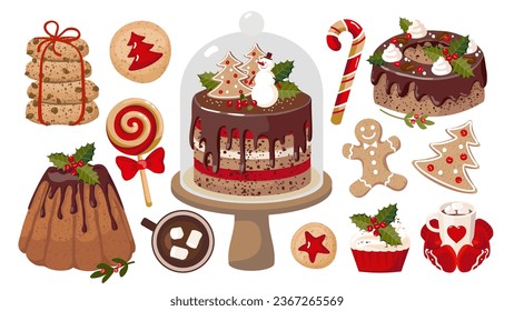 Christmas sweets set. A cake on a stand, a snowman, a lollipop, a caramel cane, ginger cookies, cocoa with marshmallows. Illustrated vector clip art.