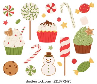 Christmas sweets set. Cakes, sweets, gingerbread and lollipops on a white background.