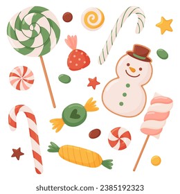 Christmas sweets set. Cakes, sweets, gingerbread and lollipops on a white background.