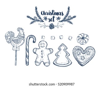 Christmas sweets set, hand drawing sketch illustration. Vector Collection of sketch object