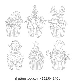 Navidades dulces. Conjunto. Magdalenas. Para colorear. Imagen de Vector.