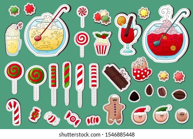 Christmas sweets sticker set. Collection of colorful xmas and new year sweets for children. Scrapbook elements, decoration icons traditional christmas food. Colorful hand drawn delicious. Gingerbread 