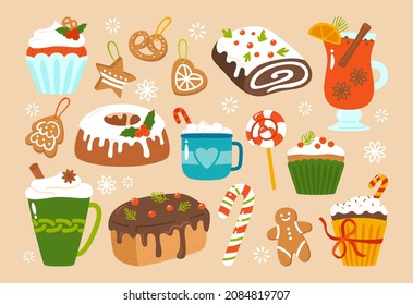 Christmas sweets treat cartoon set. New year man gingerbread and cocoa cup, cake muffin, lollipop candy. Xmas decoration, holiday scrapbook noel design for sticker kit, greeting card, party invitation