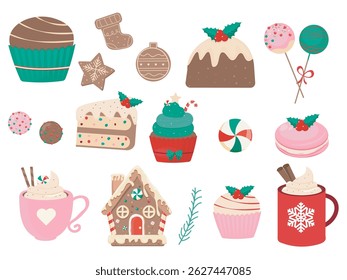 Christmas sweets treat cartoon set. New year gingerbread and cocoa cup, cake muffin, lollipop candy. 