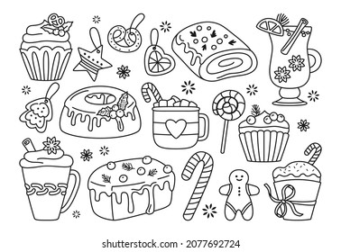 Christmas sweets treat doodle cartoon set. New year man gingerbread and cocoa cup, cake muffin, lollipop candy. Xmas line decoration, holiday scrapbook noel design for sticker kit, greeting card