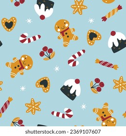 Christmas sweets vector seamless pattern. Gingerbread man, pudding and candies. Hand-drawn childish doodle illustration in simple Scandinavian style. The minimalist palette is perfect for printing