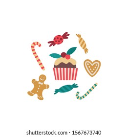 Christmas sweets-vector clipart isolated on white background. Illustration with cupcake, gingerbread, candy canes, sweets. Holiday design for greeting cards, wrapping paper, textile, stationery.