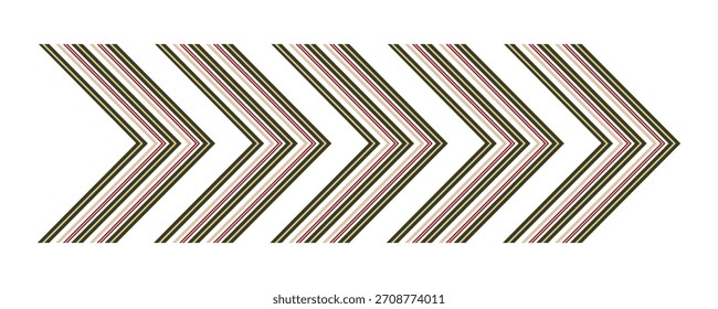 Christmas swipe arrow with repeating chevron stripes in red and green. Festive holiday directional element for winter themes, navigation banners, decorative layouts, seasonal designs