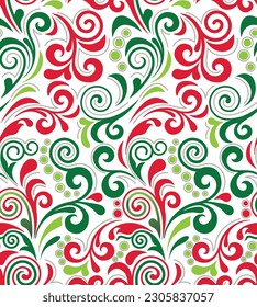 Christmas Swirls Seamless Pattern- Red, Green, and White Swirls- Christmas Vector Illustration