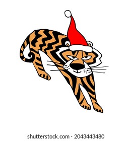 Christmas symbol 2022 tiger in holiday red cap drawn by hand in doodle style isolated on white. Animal of Chinese New Year. Sticker, printing, clip art, package, postcard, poster.