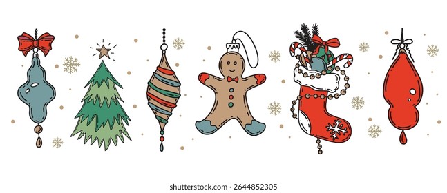 Christmas symbol, ball, tree, toy. Hand drawn illustration.	