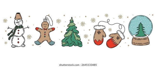 Christmas symbol, ball, tree, toy. Hand drawn illustration.	