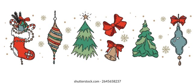 Christmas symbol, ball, tree, toy. Hand drawn illustration.	