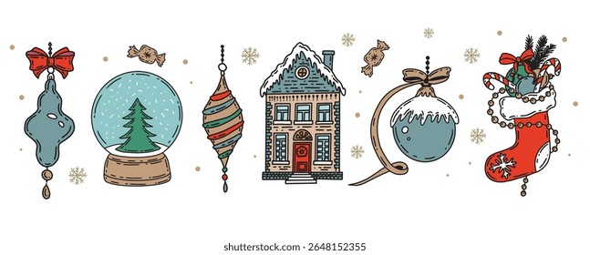 Christmas symbol, ball, tree, toy on white. Hand drawn illustration.	