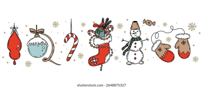 Christmas symbol, ball, tree, toy. Hand drawn illustration.	