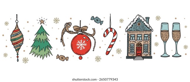 Christmas symbol, ball, tree, toy on white. Hand drawn illustration.	
