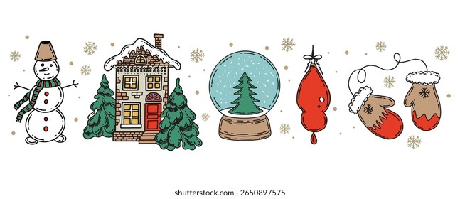 Christmas symbol, ball, tree, toy. Hand drawn illustration.	