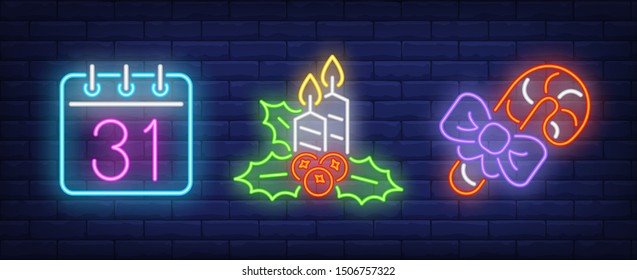 Christmas symbol collection in neon style. New Year, lollipop, fireplace. Night bright advertisement. Vector illustration in neon style for banner, billboard