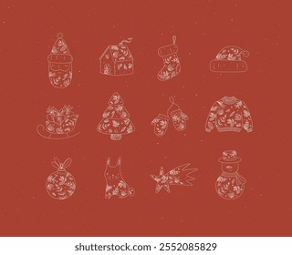 Christmas symbol collection with santa, house, sock, hat, sleigh, gifts, tree, gloves, sweater, tree toy, rabbit, star, snowman drawing in floral art style on red background