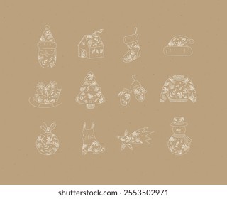 Christmas symbol collection with santa, house, sock, hat, sleigh, gifts, tree, gloves, sweater, tree toy, rabbit, star, snowman drawing in floral art style on coffee color background