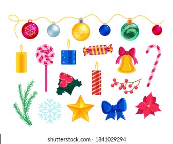 Christmas symbol, decoration. Ornament ball garland, bell, candle, candy, rowan berry, holly leaf, flower, star, snowflake, lollypop, fir tree brunch attribute vector illustration isolated on white