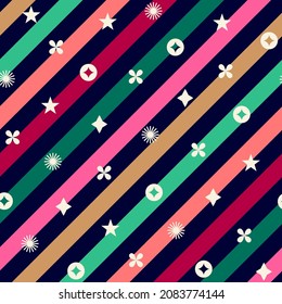 Christmas symbol elements with striped seamless pattern.