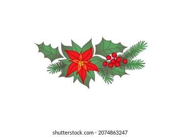 Christmas symbol, Christmas holly for Winter Holidays season, isolated on white. Vector illustration Christmas flower, holly branches, red berries. Sprigs of holly. Season decoration, winter plants