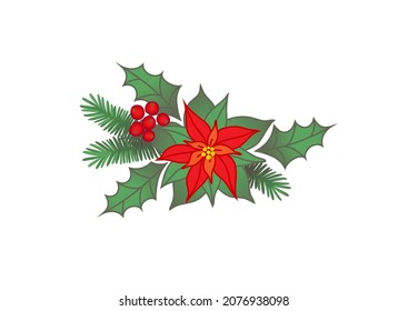 Christmas symbol, Christmas holly for Winter Holidays season, isolated on white. Vector illustration Christmas flower, holly branches, red berries. Sprigs of holly. Season decoration, winter plants