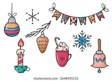 Christmas symbol icon set. Doodle cartoon style, sketch hand drawn blob brush stroke line, black ink marker contour. Hanging toy garland, cup, ball, candle, snowflake collection. Vector illustration
