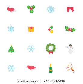Christmas symbol and icons, traditional items isolated set vector. Bow made of ribbon, Santa Claus hat and mistletoe with berry and leaves, wreath