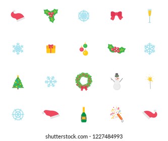 Christmas symbol and icons, traditional items isolated set vector on white background. Bow made of ribbon, Santa Claus hat and mistletoe with berry and leaves, wreath