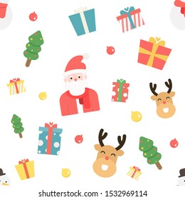 Christmas symbol seamless pattern. Seamless pattern with snowman, gift boxes, reindeer, tree and santa claus. Seamless vector background. Flat style vector illustration.