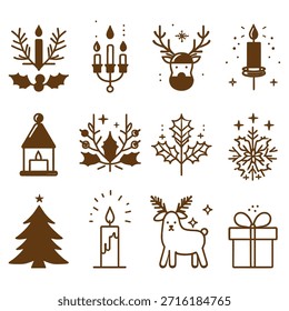 Conjunto de símbolos de Navidades, estilo minimalista plano, Paquete de Vector de Navidades modernas, Elementos festivos, Colección Clipart decorativa, Arte vectorial minimalista, conjunto de siluetas, Festiva Icons for Cricut Sublimation,