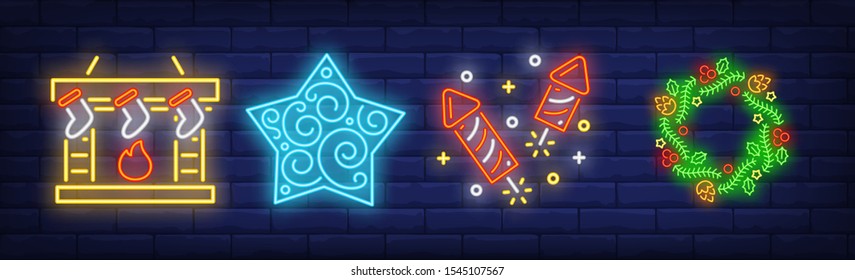 Christmas symbol set in neon style. New Year, lollipop, fireplace. Night bright advertisement. Vector illustration in neon style for banner, billboard