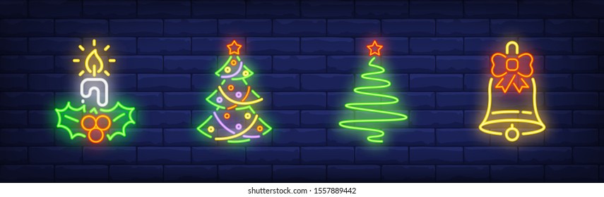 Christmas symbol set in neon style. Candle, Christmas tree, bell. Night bright advertisement. Vector illustration in neon style for banner, billboard