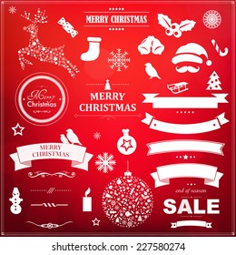 Christmas Symbol Set With Red Bokeh Background With Gradient Mesh, Vector Illustration