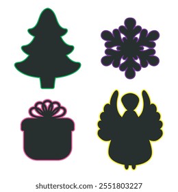 Christmas Symbol Silhouette Icon Set. Snowflake Gift Box Angel Eve pictogram Sticker Pack. Black Neon Colored Flat design. White background. Vector illustration
