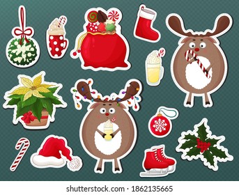Christmas symbol stickers collection. Cute  Christmas deer eating candy cane. Santa deers stickers, santa bag, hat, sack, sock, mistletoe. Funny cartoon reindeer red nose, holly. Merry Christmas text.